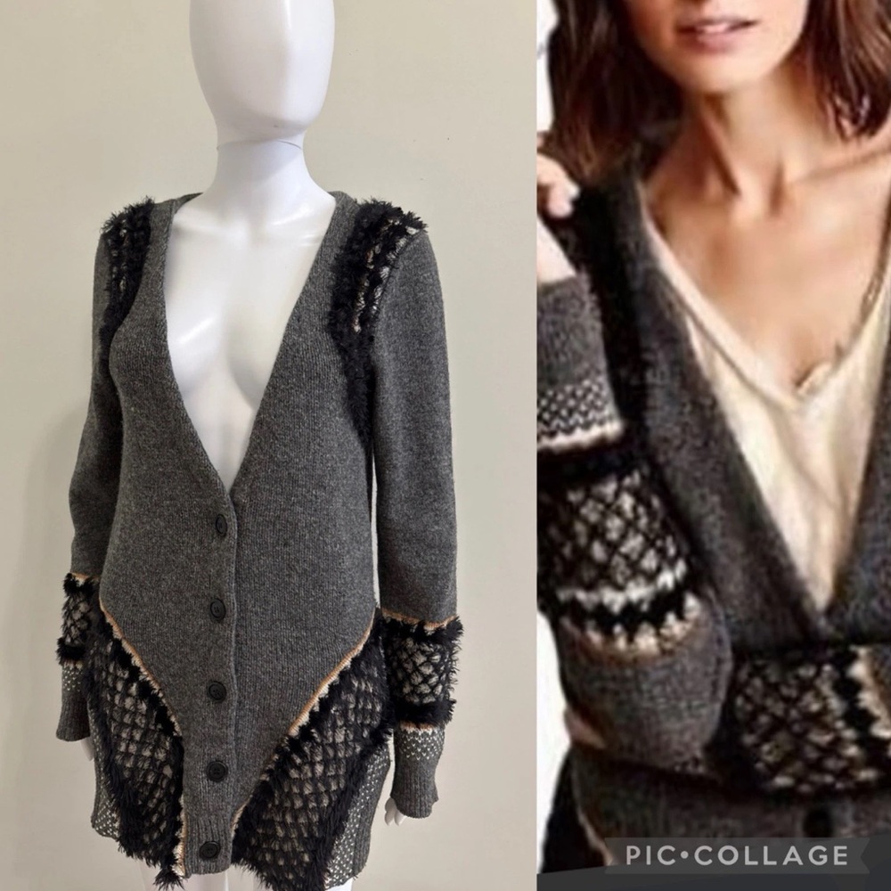 Anthropology Gray V-Neck Textured Knit Cardigan Sweater Sz M